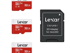 بطاقة ذاكرة MicroSDHC UHS-I من ليكسار 32 جيجا بايت مع محول - حتى 100 ميجا بايت / ثانية ، U1 ، Class10 ، V10 ، A1 ، بطاقة TF عالية السرعة (3 بطاقات microSD + 1 محول)