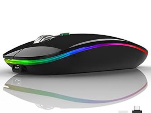 Uiosmuph LED ماوس لاسلكي ، ماوس صامت لاسلكي نحيف قابل لإعادة الشحن G12 ، فأرة كمبيوتر لاسلكية بصرية محمولة 2.4G مع مستقبل USB ومحول من النوع C (أسود)