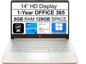 2022 أحدث كمبيوتر محمول HP Stream 14 بوصة عالي الدقة ، Intel Celeron N4020 (يصل إلى 2.8 جيجاهرتز) ، ذاكرة وصول عشوائي 8 جيجابايت ، مساحة 128 جيجابايت (64 جيجابايت eMMC + بطاقة 64 جيجابايت) ، مكتب 365 لمدة عام واحد ، WiFi ، HDMI ، USB-C ، كاميرا ويب ، بلوتوث ، نظام التشغيل Windows 11S و Rose Gold + JVQ MP