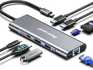 USB C Hub Ethernet ، Hiearcool USB C 4K @ 60Hz محول HDMI ، 8 IN1 Multiport Type C Adapter 1Gbps 100W PD USB C Dock USB3.0 TF / SD Dongle Docking Station متوافق مع MacBook iPad Pro Dell Hp Lenovo
