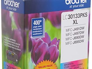 طابعة Brother الأصلية LC30133PKS ذات 3 عبوات من خراطيش الحبر الملونة عالية الإنتاجية ، تنتج الصفحة ما يصل إلى 400 صفحة / خرطوشة ، بما في ذلك السماوي والأرجواني والأصفر ، LC3013