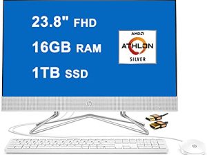 كمبيوتر مكتبي HP 24 الكل في واحد 23.8 بوصة FHD WLED شاشة مضادة للتوهج AMD Athlon Silver 3050U معالج AMD Athlon Silver 3050U ذاكرة وصول عشوائي سعة 1 تيرابايت SSD كاميرا ويب منبثقة DVD-RW HDMI Win11 أبيض + كابل HDMI