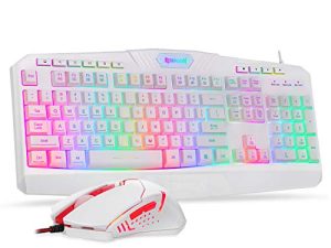 لوحة مفاتيح سلكية للألعاب Redragon S101 وماوس كومبو RGB بإضاءة خلفية مع مفاتيح للوسائط المتعددة ومسند للمعصم وماوس ألعاب بإضاءة خلفية حمراء 3200 نقطة في البوصة لهواة ألعاب الكمبيوتر التي تعمل بنظام Windows (أبيض)