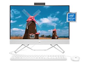 كمبيوتر HP All-in-One Bundle ، معالج Intel Pentium Silver ، Intel UHD Graphics 605 ، 8 جيجابايت SDRAM ، 256 جيجابايت PCIe SSD ، شاشة Full HD ، نظام تشغيل Windows 11 Home ، مكبرات صوت مزدوجة للكمبيوتر ، Wi-Fi (24-cb0120 ، 2022 )