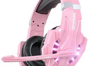 سماعة رأس الألعاب الاحترافية BENGOO G9000 لجهاز PS4 ، والكمبيوتر الشخصي ، وجهاز تحكم Xbox One ، وسماعات إلغاء الضوضاء فوق الأذن مع ميكروفون ، وإضاءة LED ، ومحيط باس ، وغطاء للأذنين بذاكرة ناعمة لأجهزة الكمبيوتر المحمول Nintendo - وردي