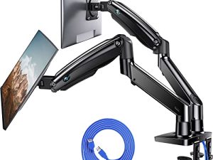 حامل شاشة مزدوج من HUANUO مقاس 13 إلى 35 بوصة ، حامل شاشة مزدوج ممتاز مع USB ، حوامل شاشة قابلة للتعديل الارتفاع لشاشتين حامل VESA مع مشبك / قاعدة جروميت ، كل ذراع يحمل ما يصل إلى 26.4 رطلاً