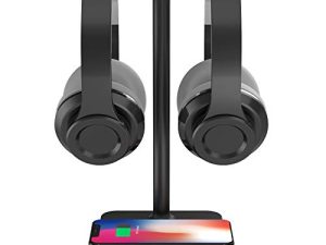 حامل سماعة رأس مزدوج من KAFRI RGB مزود بشاحن لاسلكي للمكتب وحامل سماعة رأس مزدوج مع لوحة شحن 10W / 7.5W QI - مناسب لسماعات ألعاب طاولة ألعاب سطح المكتب للاعبين