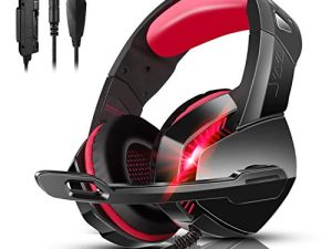 سماعة ألعاب PHOINIKAS PS4 مع صوت محيطي 7.1 ، سماعة Xbox One مع ميكروفون لإلغاء الضوضاء وضوء LED ، سماعات فوق الأذن H3 ، متوافقة مع Nintendo Switch ، PC ، PS4 ، Xbox One ، كمبيوتر محمول (أحمر)