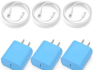3 عبوات [معتمد من Apple MFi] محول شاحن جداري سريع الشحن iPhone 20W PD USB C مع 3 عبوات 6FT من النوع C إلى كابل Lightning متوافق مع iPhone 14/13 Pro / 13/12/12 Mini / 12 Pro Max / 11 Pro Max ، أزرق