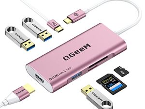 USB C Hub ، محول QGeeM 7 في 1 من النوع C إلى HDMI 4k ، USB C Dongle Dock ، مع USB 3.0 ، 100 واط PD ، قارئات بطاقات متوافقة مع MacBook Pro (Thunderbolt 3) ، Ipad Pro ، Chromebook ، Xps 13/15 (وردي)
