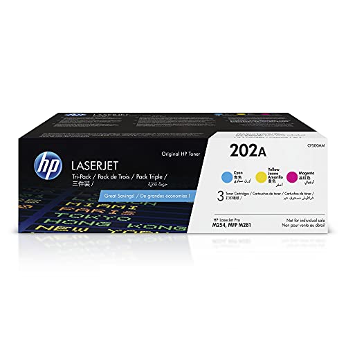 خراطيش مسحوق حبر أصلية HP 202A باللون السماوي والأرجواني والأصفر (3 عبوات) | يعمل مع HP Color LaserJet Pro M254 وسلسلة طابعات HP Color LaserJet Pro MFP M281 | CF500AM خراطيش مسحوق حبر أصلية HP 202A باللون السماوي والأرجواني والأصفر (3 عبوات) | يعمل مع HP Color LaserJet Pro M254 وسلسلة طابعات HP Color LaserJet Pro MFP M281 | CF500AM
