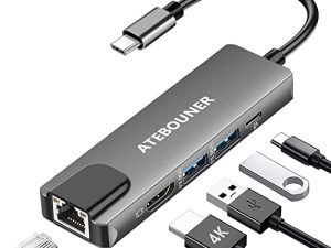 USB C Hub و ATEBOUNER 5-in-1 USB C إلى HDMI ومحول USB C متعدد المنافذ مع 1000M Ethernet و 4 K HDMI و 100 W Power Delivery و 2 USB 3.0 متوافقان مع MacBook Air و iPad Pro و MacBook Pro و XPS والمزيد