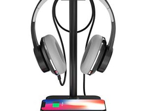 حامل سماعة رأس KAFRI RGB مع شاحن لاسلكي للمكتب وحامل سماعة رأس للألعاب مع 10 واط / 7.5 واط سريع الشحن QI وسادة شحن لاسلكية - مناسب للاعبين سطح المكتب طاولة لعبة ملحقات سماعة الأذن