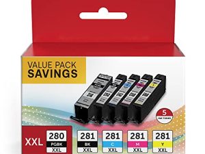 خرطوشة حبر متوافقة مع PGI-280XXL / CLI-281XXL لاستبدال خرطوشة حبر كانون 280 و 281 عالية الإنتاجية إلى PIXMA TR7520 TR8520 TR8500 TR8600 TR8620 TS6120 TS6220 TS9120 (حزمة قيمة 5)