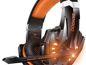 سماعة رأس ستيريو للألعاب BENGOO G9000 لجهاز PS4 ، والكمبيوتر الشخصي ، وجهاز تحكم Xbox One ، وإلغاء الضوضاء فوق سماعات الأذن مع ميكروفون ، وإضاءة LED ، وصوت جهير ، وغطاء للأذنين بذاكرة ناعمة (برتقالي)