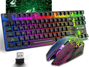لوحة مفاتيح وماوس لاسلكية للألعاب مع 87 مفتاحًا بإضاءة خلفية LED بألوان قوس قزح قابلة لإعادة الشحن بطارية 3800 مللي أمبير في الساعة ، إحساس ميكانيكي مضاد للظلال ومقاوم للماء وفئران كتم صوت RGB لأجهزة الكمبيوتر الشخصي (أسود)