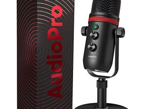 ميكروفون AUDIOPRO USB - ميكروفون ألعاب مكثف للكمبيوتر للكمبيوتر / الكمبيوتر المحمول / الهاتف / PS4 / 5 ، مخرج سماعة الرأس ، التحكم في مستوى الصوت ، توصيل وتشغيل USB من النوع C ، زر كتم صوت LED للبث ، البث الصوتي ، تسجيل الاستوديو