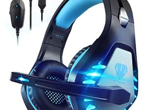 سماعة رأس للألعاب Pacrate مع ميكروفون للكمبيوتر الشخصي PS4 PS5 سماعة رأس إلغاء الضوضاء للألعاب لأجهزة الكمبيوتر المحمول Mac Switch Xbox One مع أضواء LED جهير عميق للأطفال البالغين أسود أزرق