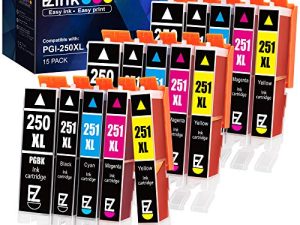 خرطوشة حبر متوافقة مع حبر EZ (TM) للطابعة Canon PGI-250XL CLI-251XL PGI 250 XL CLI 251 XL للاستخدام مع طابعة PIXMA MX922 IP7220 MG5520 MG5420 IX6820 IP8720 MG7520 MG7120 MG6320 (15 حزمة)