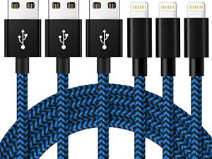 كابل شاحن iPhone [معتمد من Mfi] سلك شحن USB عالي السرعة مضفر بطول 10 أقدام من النايلون متوافق مع iPhone 13/12/11 / XS / XR / X / 8/7/6/5 / iPad-BlueBlack